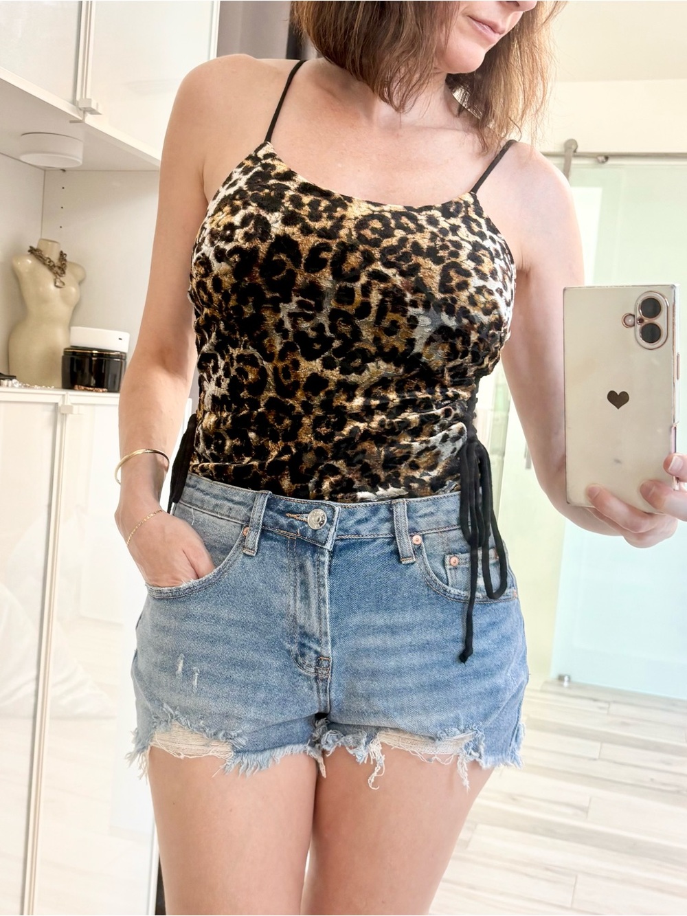 Leopard Print Velvet Cami Bodysuit - Brown